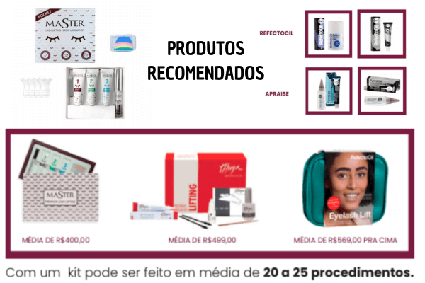 Produtos recomendados para brow lamination. Alguns Kits disponíveis no mercado. Thuya, Inconsign, Master Premium, Refectocil