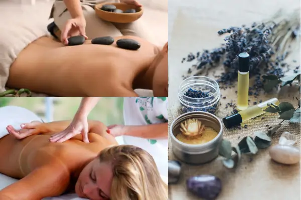 Tipos de massagens relaxantes, massagem sueca, aromaterapia e com pedras quentes.