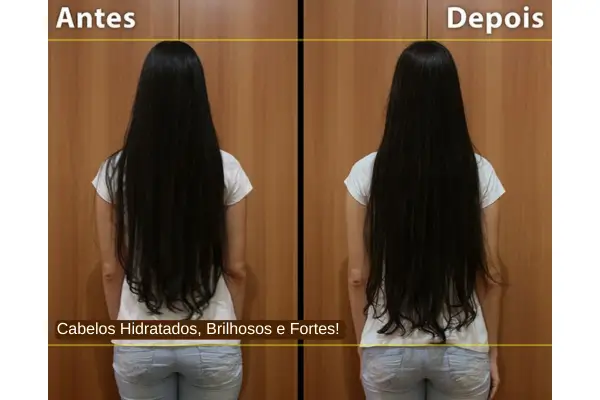 Antes e depois do uso do acidificante capilar, mostrando cabelo mais saudável e com brilho