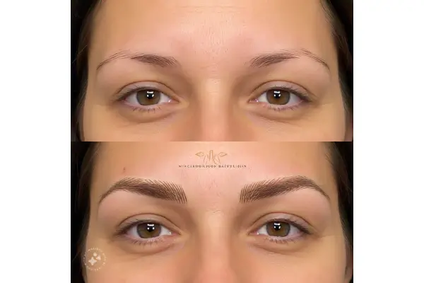 Resultado final das sobrancelhas após microblading, aparência natural e definida.