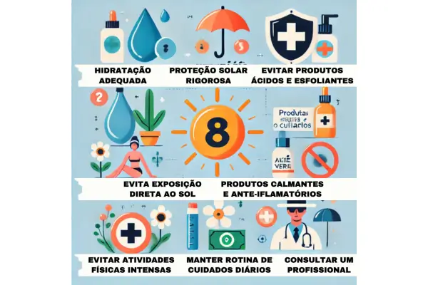 Resumo visual dos 8 cuidados essenciais para a pele após tratamentos estéticos.